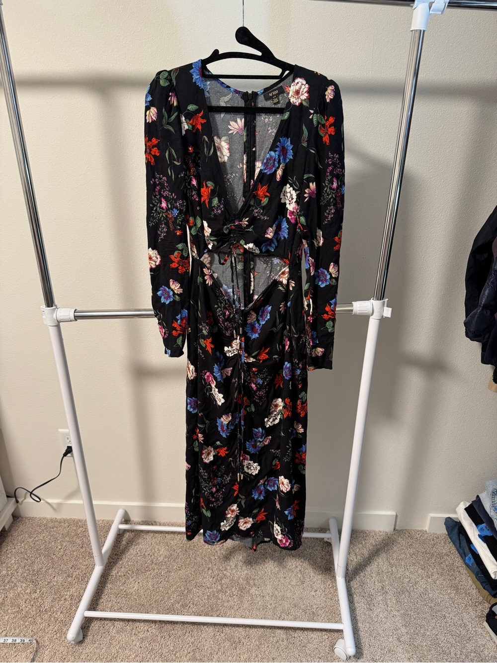AFRM Midori Floral Cinched Front Long Sleeve Midi Dress.